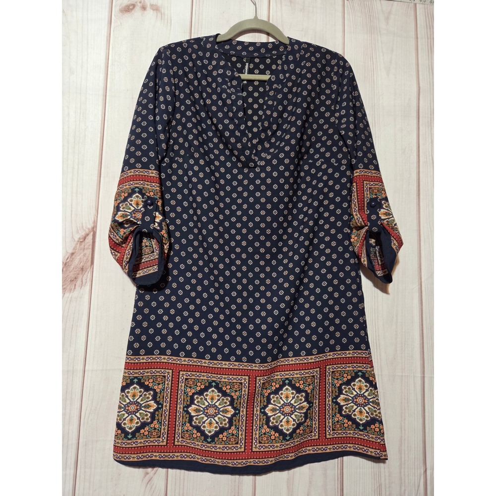 Peppermint Womens Navy Blue Boho Geometric Print Roll‎ Tab Sleeve Shift Dress M